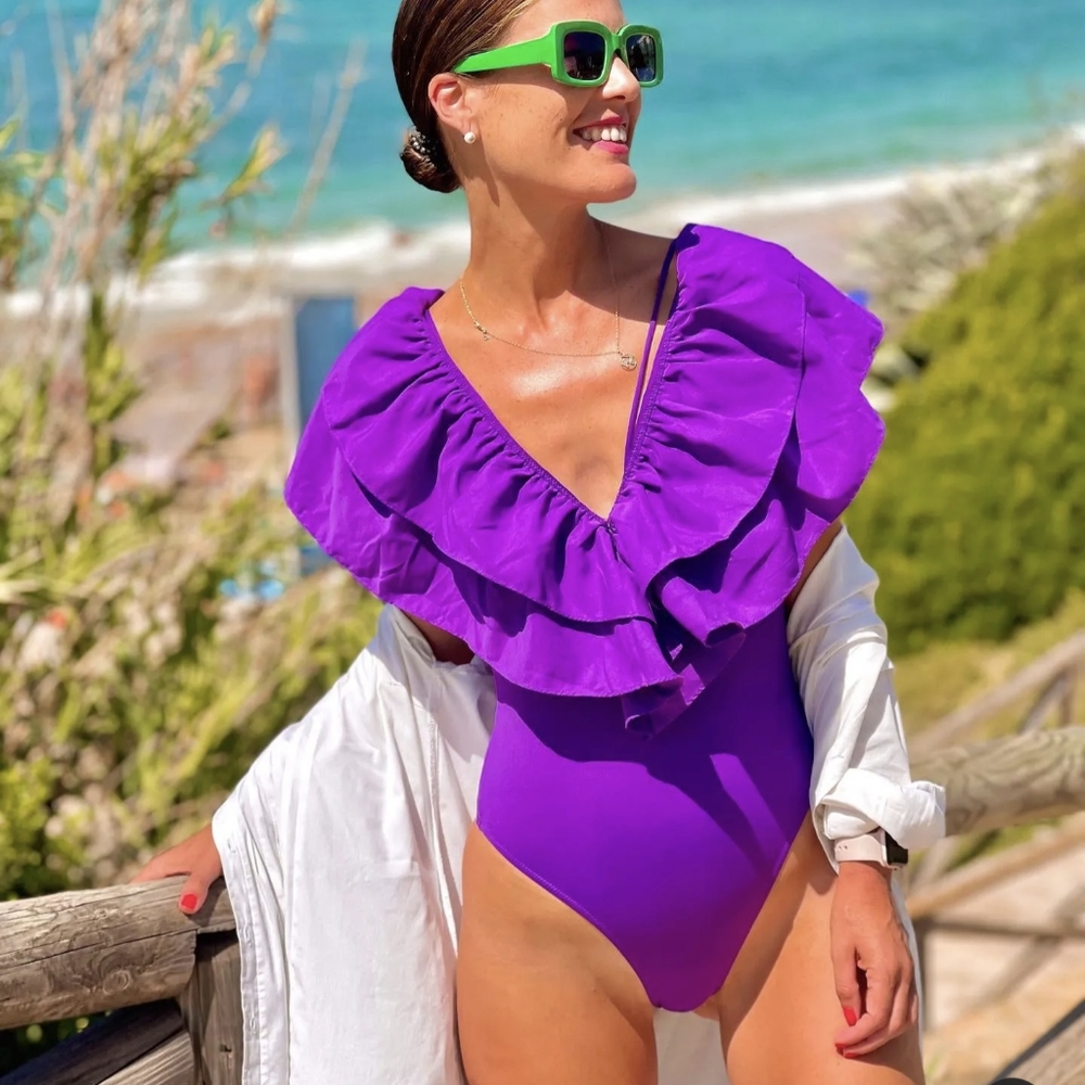 NWT Zara Large Ruffle One Piece Swimsuit PURPLE Size S,M,L